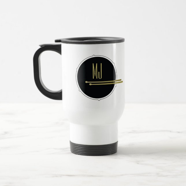 Black Gold Drummer Monogram Travel Mug (Left)