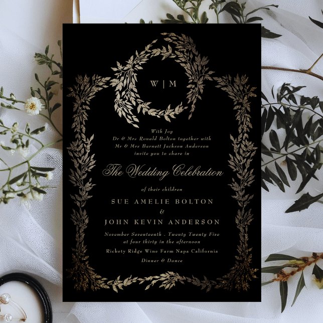 Black Gold Ebony Botanical Monogram Wreath Wedding Invitation (Creator Uploaded)