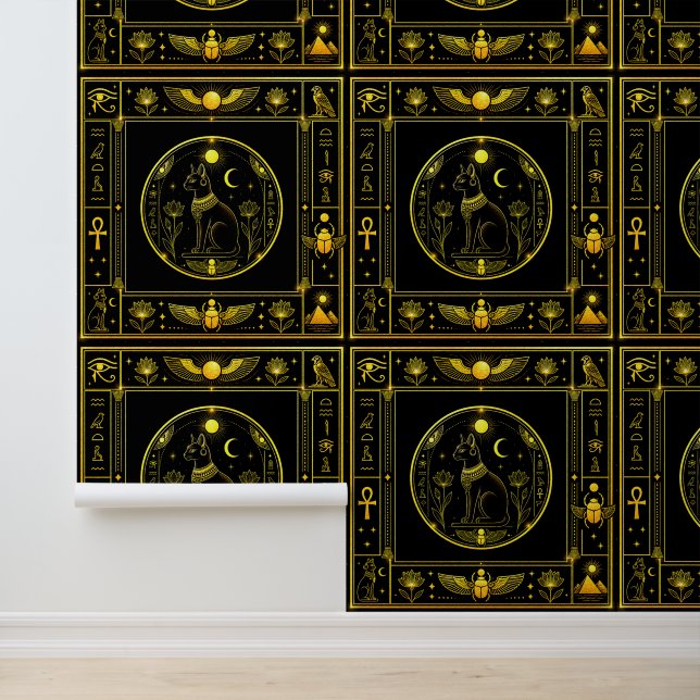 Black Gold Egyptian Cat Symbol Pattern Luxury Wallpaper (Application)