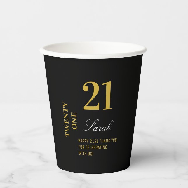 Black & Gold Elegant 21st Birthday Party Cocktail  Paper Cups (Front)