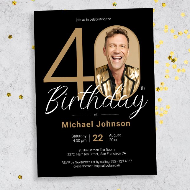 Black Gold Elegant 40th Birthday invitation (Mockup View)