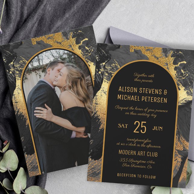 Black gold elegant abstract PHOTO wedding Invitation (Creator Uploaded)