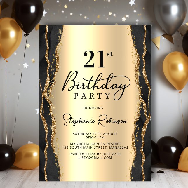 Black Gold Elegant Agate 21st Birthday Invitation (Creator Uploaded)