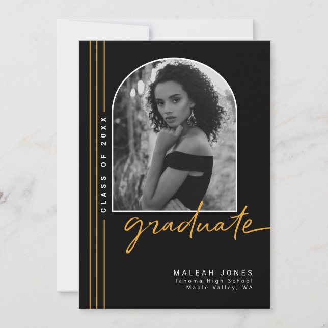 Black Gold Elegant Arch Overlay Photo Graduation Announcement (Front)