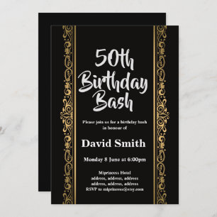 black, gold, elegant, birthday bash invitation
