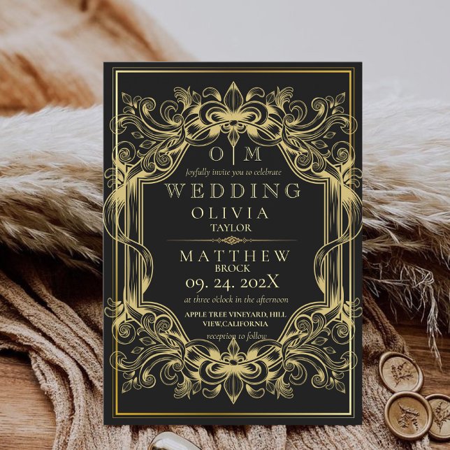 Black gold Elegant bohemian ornate  Wedding Invitation (Creator Uploaded)