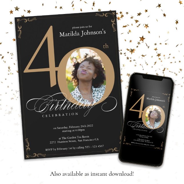Black Gold Elegant Calligraphy Photo 40th Birthday Invitation (Black Gold Elegant Calligraphy Photo 40th Birthday Invitation)