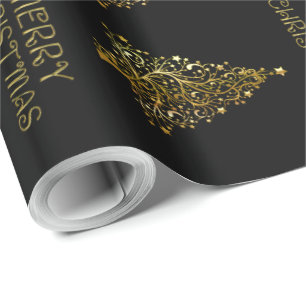 Black Gold Elegant Chic Christmas Tree Stars Wrapping Paper