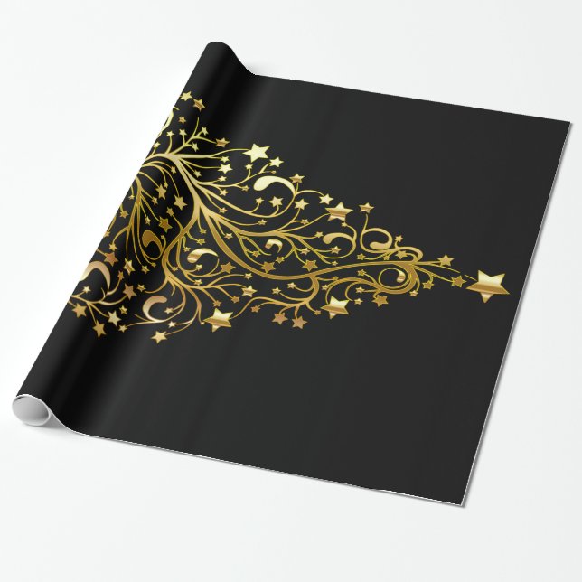 Black Gold Elegant Chic Christmas Tree Stars Wrapping Paper (Unrolled)