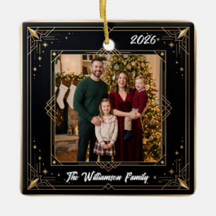Black Gold Elegant Family Photo Christmas Ceramic  Ornament
