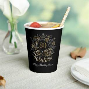 Black Gold Elegant Floral 80 & Fabulous Birthday Paper Cups