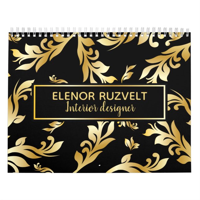 Black gold elegant floral damask Luxe design Calendar (Cover)