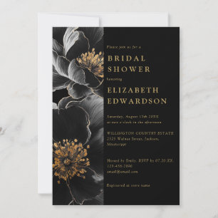 Black Gold Elegant Floral QR Code Bridal Shower Invitation