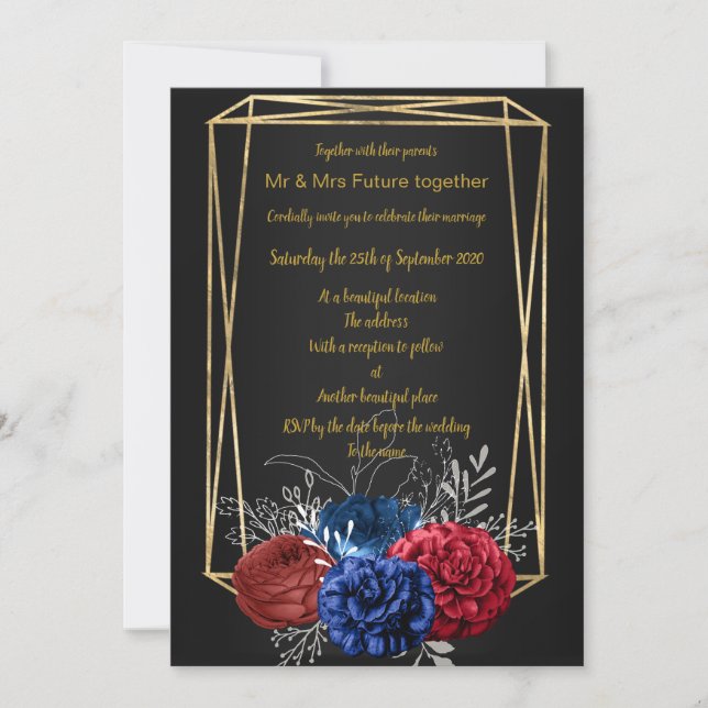 BLACK GOLD ELEGANT FRAME BOUQUET WEDDING INVITATION (Front)
