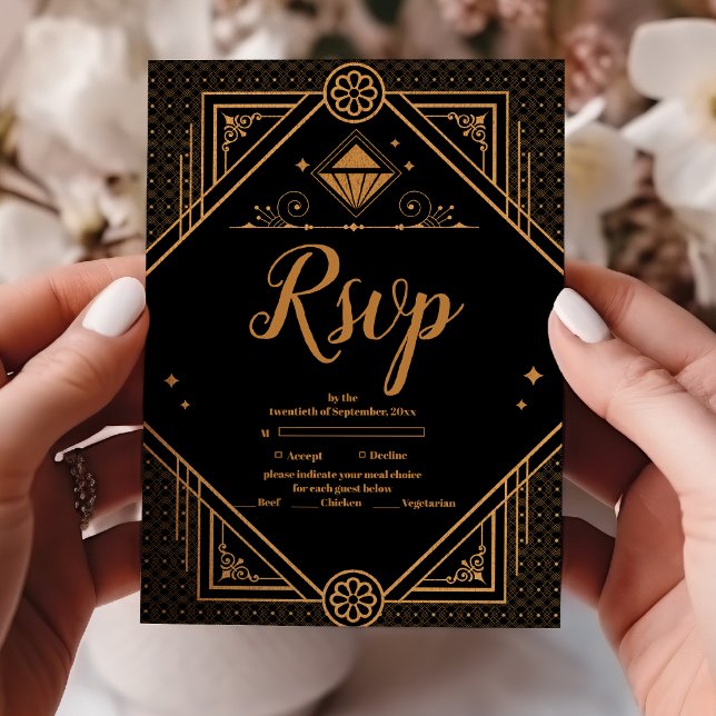 Black Gold Elegant Geometric Art Deco Wedding  RSVP Card (Creator Uploaded)