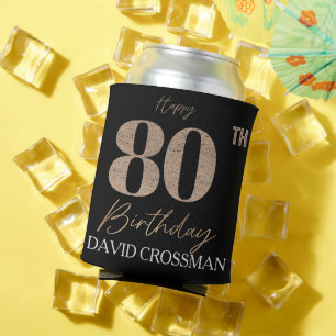 Black & Gold Elegant Glitter 80th Birthday  Can Cooler