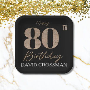 Black & Gold Elegant Glitter 80th Birthday  Paper Plate