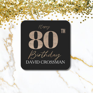 Black & Gold Elegant Glitter 80th Birthday Square Paper Coaster