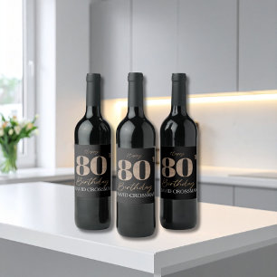 Black & Gold Elegant Glitter 80th Birthday  Wine Label