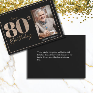 Black & Gold Elegant Glitter 80th Photo Birthday Thank You Card