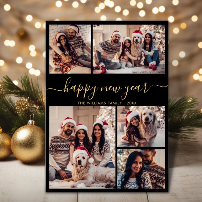 Black Gold Elegant Happy New Year 5 Photo Collage Holiday Card (Creator Uploaded)