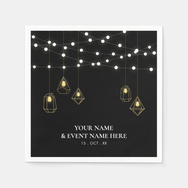 Black & Gold | Elegant Lights Custom Party Napkins (Front)