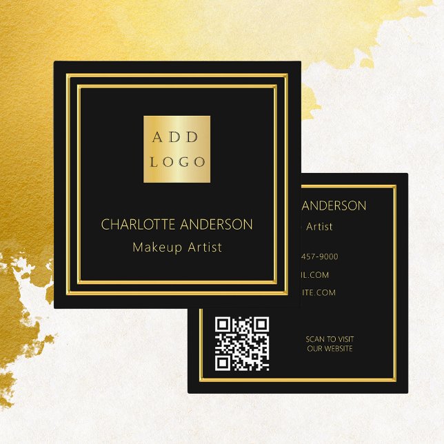 Black gold elegant logo QR code Square Business Card (Creator Uploaded)