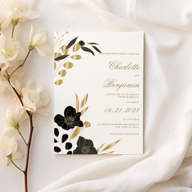 Black gold elegant luxury foliage floral wedding invitation (Black gold elegant luxury foliage floral wedding)