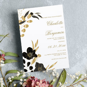 Black gold elegant luxury foliage floral wedding invitation