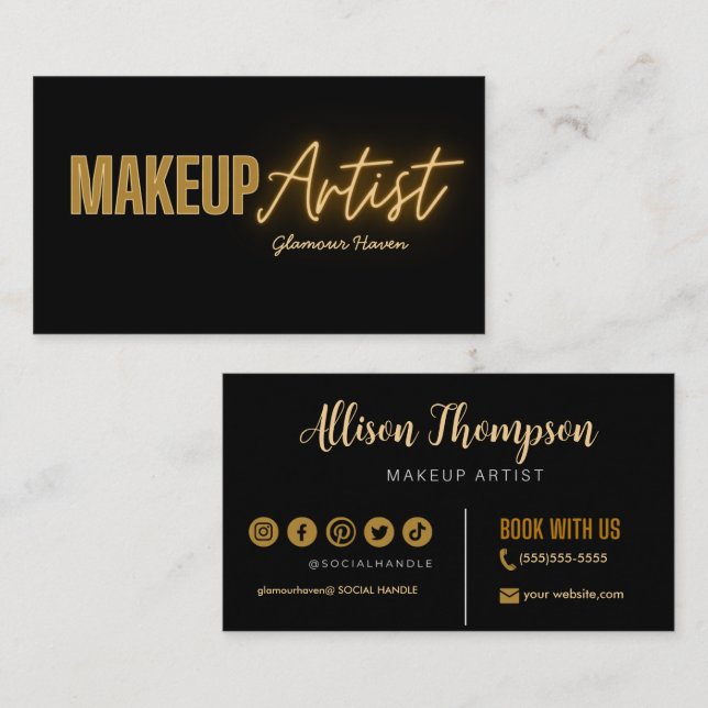 Black Gold Elegant Makeup Artist   Business Cards (Front/Back)