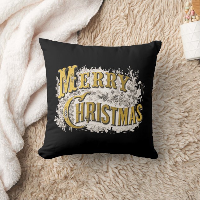 Black Gold Elegant Merry Christmas Rustic Vintage  Cushion (Blanket)