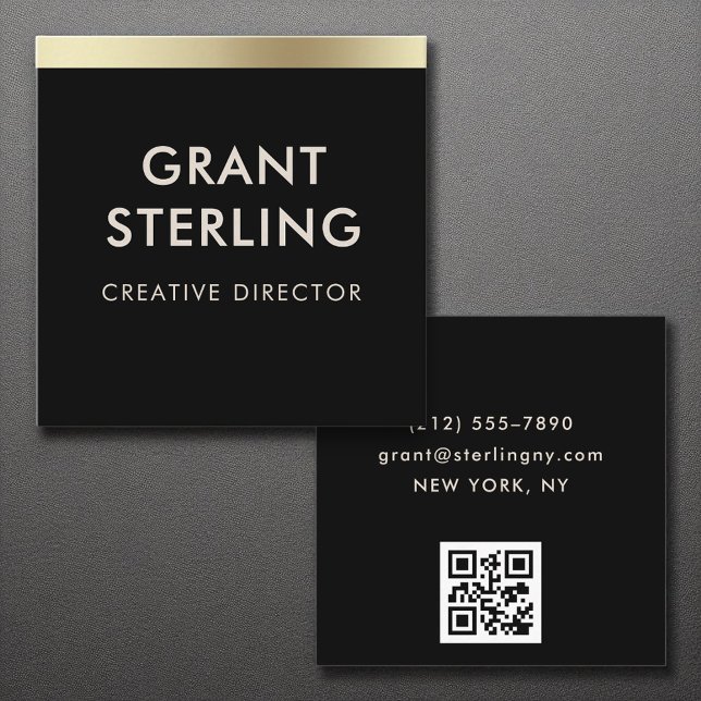 Black Gold Elegant Minimal Typography QR Code Square Business Card (Creator Uploaded)
