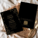 Black Gold Elegant Minimalist QR Code Wedding Invitation<br><div class="desc">Bring timeless sophistication and modern convenience together with this black and gold minimalist wedding invitation featuring a built-in QR code. Guests can instantly scan to RSVP, access your wedding website, or view event details. The deep black background with elegant gold typography creates a bold, luxurious look, while the clean layout...</div>