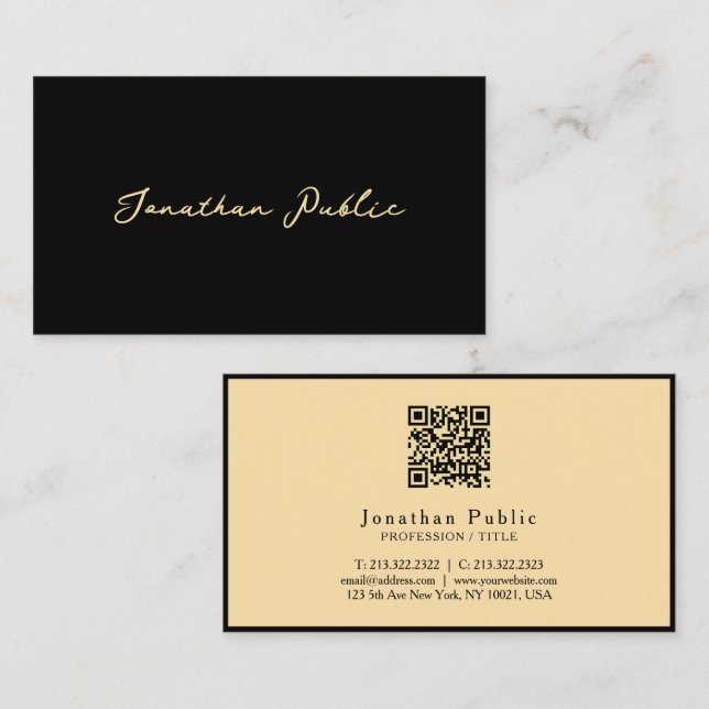 Black & Gold Elegant Modern Handwritten Script Business Card (Front/Back)