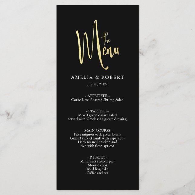 Black Gold Elegant Modern Simple Wedding Menu (Front)