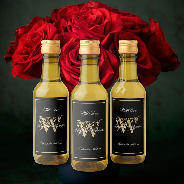 Black & Gold Elegant Monogram Chic Mini Wedding  Wine Label (Black and Gold Elegant Monogram and Names Chic Mini Wedding Wine Labels.)