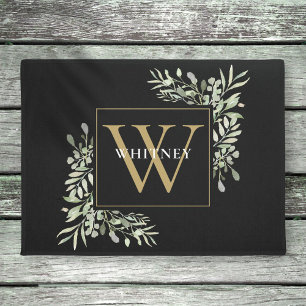 Black Gold Elegant Monogram Greenery Doormat