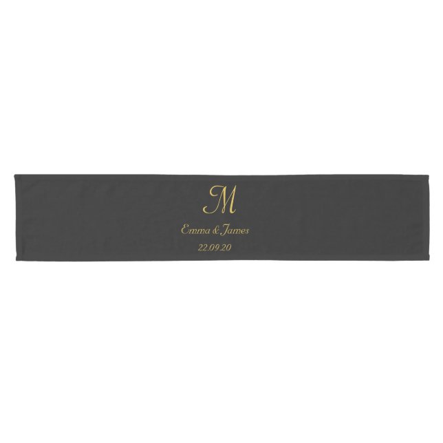 Black & Gold Elegant Monogram Initial Custom  Short Table Runner (Horizontal)