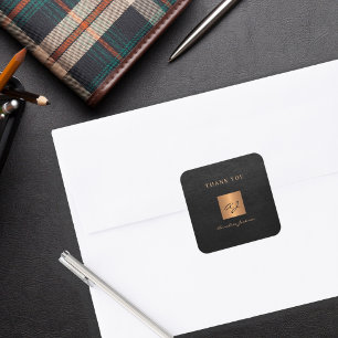 Black gold elegant monogram name thank you square sticker