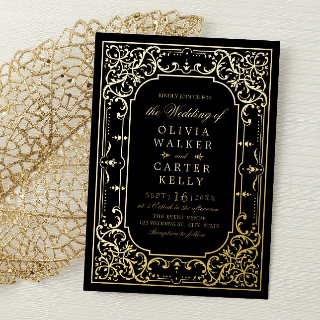 Black Gold elegant ornate romantic vintage wedding (Black Gold elegant ornate romantic vintage wedding Foil Invitation)