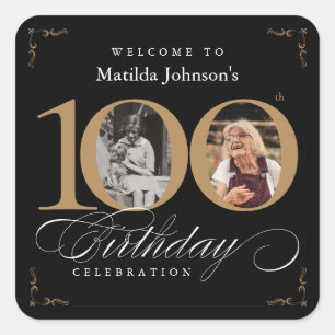 Black Gold Elegant Photo 100th Birthday Party Square Sticker