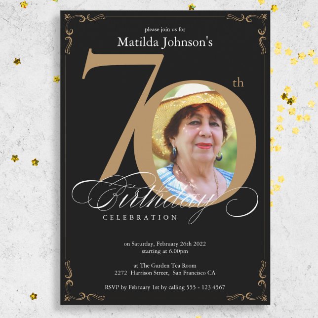 Black Gold Elegant Photo 70th Birthday Party Invitation (Black Gold Elegant Photo 70th Birthday Party Invitation)