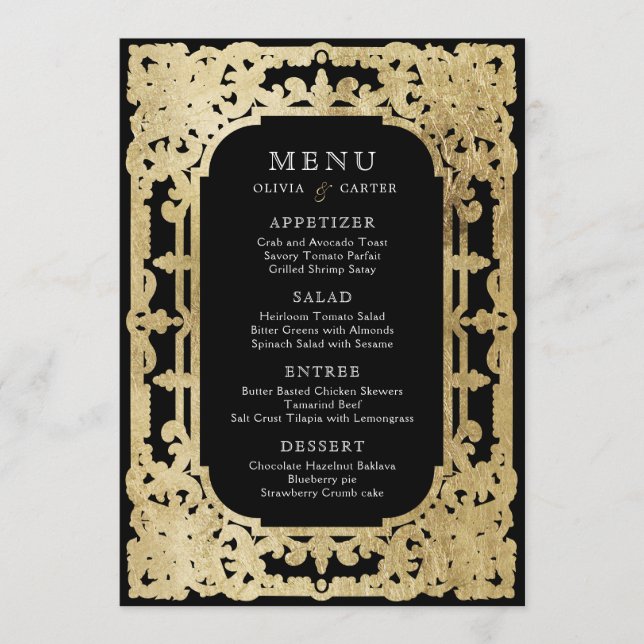 Black & gold elegant romantic vintage wedding menu (Front)