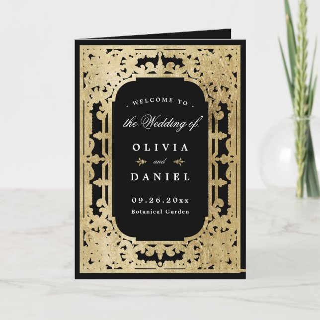 Black & gold elegant romantic vintage wedding programme (Front)