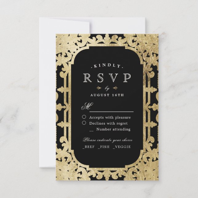 Black & gold elegant romantic vintage wedding RSVP (Front)