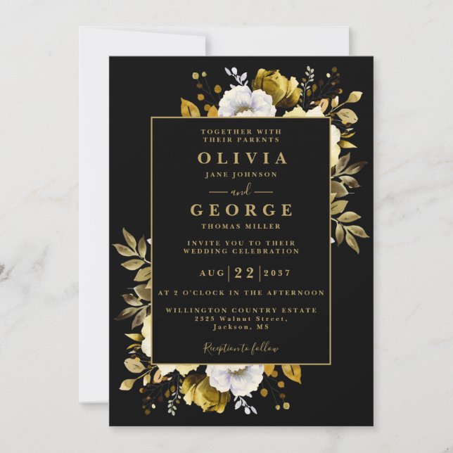 Black Gold Elegant Rustic Floral QR Code Wedding Invitation (Front)