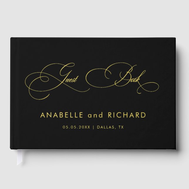 Black Gold Elegant Script Calligraphy Wedding Foil Guest Book (Front)