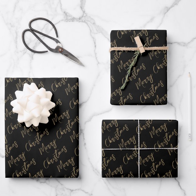 Black Gold Elegant Script Merry Christmas Wrapping Paper Sheet (Front)