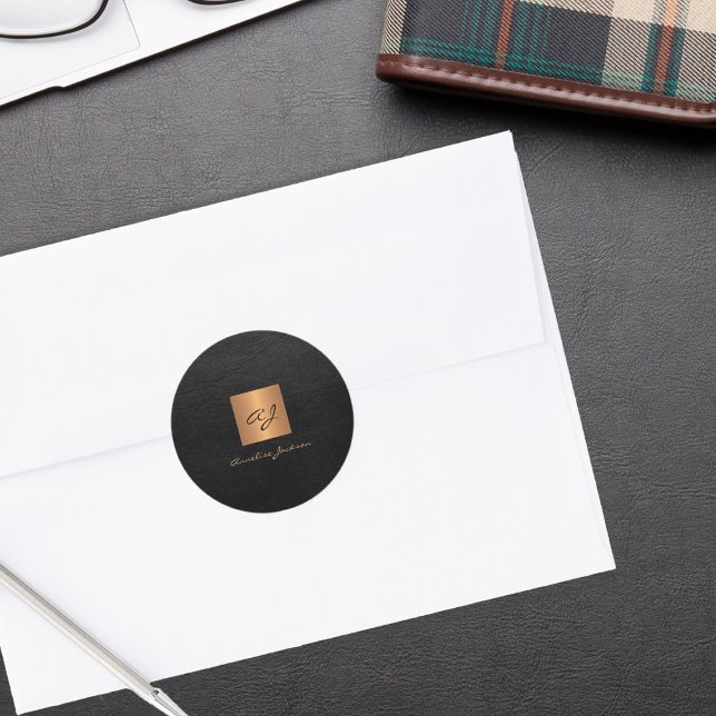 Black gold elegant script monogram name leather classic round sticker (Creator Uploaded)