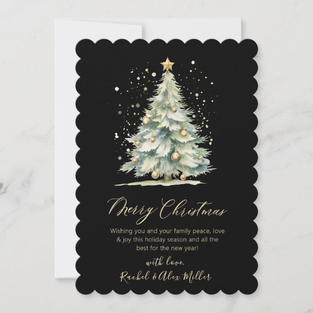 Black Gold Elegant Script Tree Non Photo Christmas Holiday Card (Front)